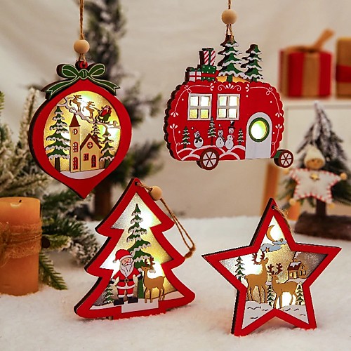 

Wooden Pendants Ornaments Christmas Tree Star Car Gift Decoration 4pcs 1pc LED Light Hanging Christmas Wood Crafts Kids Gift for New Year Home Party Décor