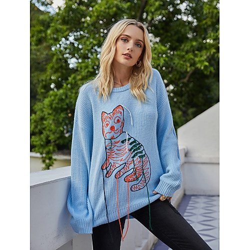 

Women's Basic Knitted Animal Pullover Long Sleeve Sweater Cardigans Crew Neck Round Neck Fall Winter Blue