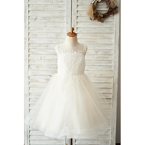 

Ball Gown Knee Length Flower Girl Dresses Wedding Lace Sleeveless Jewel Neck with Buttons