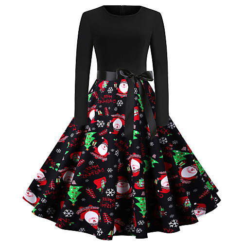 

Women's Swing Dress Midi Dress Blushing Pink Wine Khaki Green Red Light Green Long Sleeve Print Patchwork Print Fall Round Neck Elegant Christmas 2021 S M L XL XXL