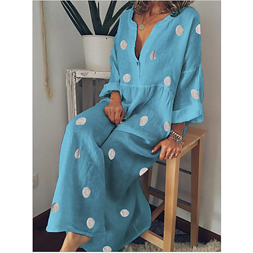 

Women's A Line Dress Maxi long Dress Blue Yellow Fuchsia Gray Khaki White Long Sleeve Polka Dot Print Fall V Neck Casual Loose 2021 S M L XL XXL 3XL 4XL 5XL