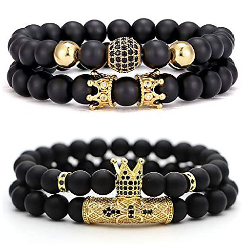 

4 pcs 8mm crown king charm beads bracelet for men women natural black matte onyx stone beads father's day gift, 7.5