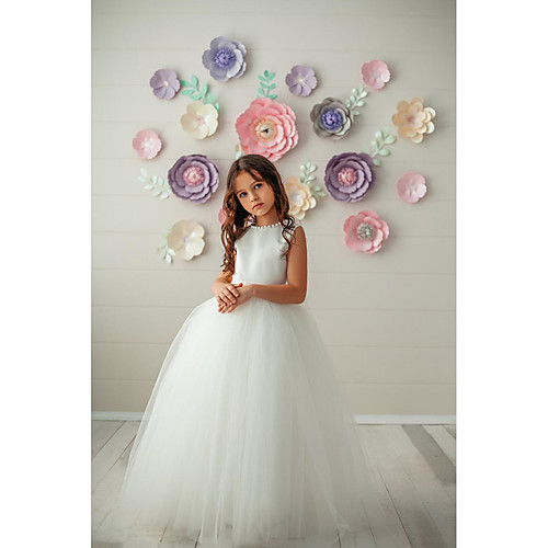 

Princess Floor Length Flower Girl Dresses Party Tulle Sleeveless Jewel Neck with Pleats