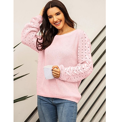 

Women's Knitted Solid Colored Plain Pullover Long Sleeve Sweater Cardigans Crew Neck Round Neck Fall Winter Blushing Pink