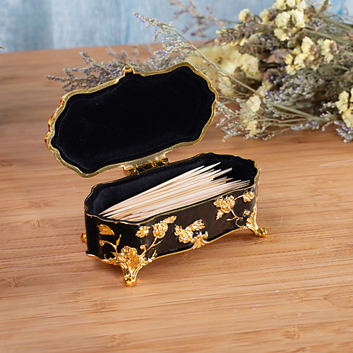

Floral Carved Cotton Swab Box Black and White Silver Plated Zinc Alloy Toothpick Storage for Household