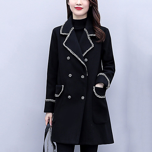 

Women's Pea Coat Daily Fall & Winter Regular Coat Regular Fit Streetwear Jacket Long Sleeve Color Block Black