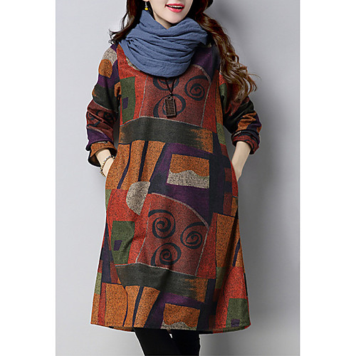 

Women's A Line Dress Knee Length Dress Orange Black Long Sleeve Print Patchwork Print Fall Winter Round Neck Casual Loose 2021 M L XL XXL / Cashmere