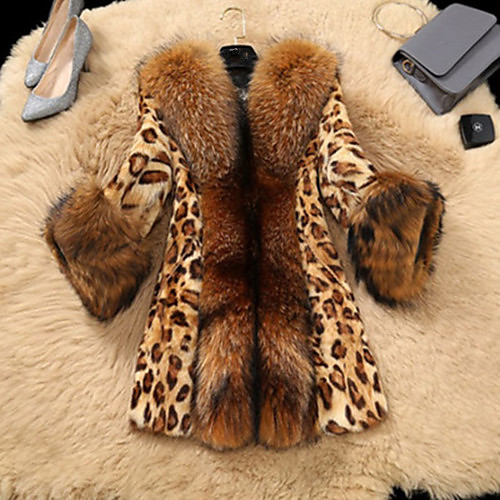 

Women's Faux Fur Coat Daily Fall & Winter Long Coat Regular Fit Active Jacket Long Sleeve Leopard Brown