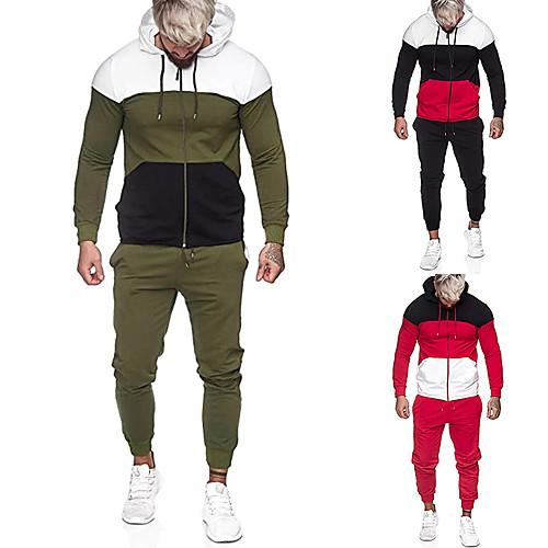 

Men's Activewear Set Color Block Hooded Going out Casual Hoodies Sweatshirts Long Sleeve Green Black Red