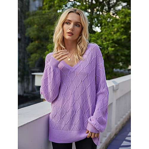 

Women's Basic Knitted Solid Color Plain Sweater Acrylic Fibers Cotton Long Sleeve Sweater Cardigans V Neck Fall Winter Purple