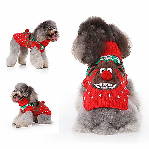 

rudolph the red nosed reindeer dog sweater pet christmas sweater winter knitted warm clothes for small medium dogs cats (s)