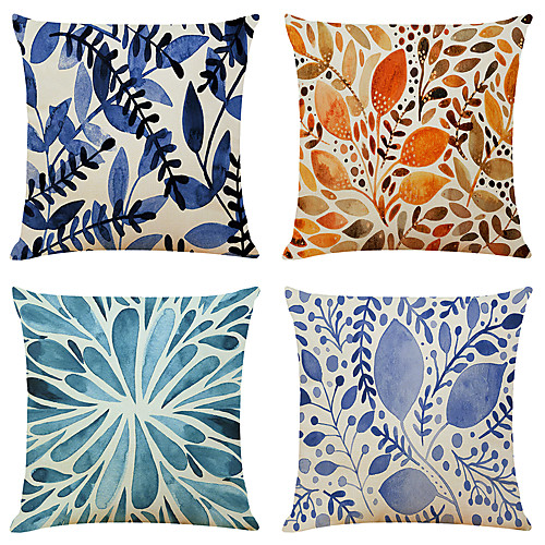 

Set of 4 Art Plant Faux Linen Square Decorative Throw Pillow Cases Sofa Cushion Covers 18x18