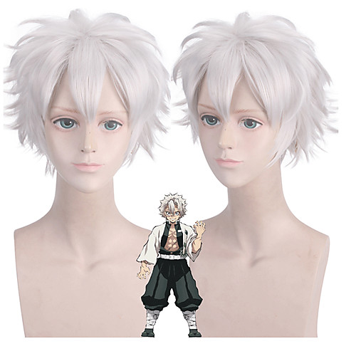 

Demon Slayer: Kimetsu no Yaiba Cosplay Cosplay Wigs Men's Layered Haircut 12 inch Heat Resistant Fiber Curly Silver Teen Adults' Anime Wig