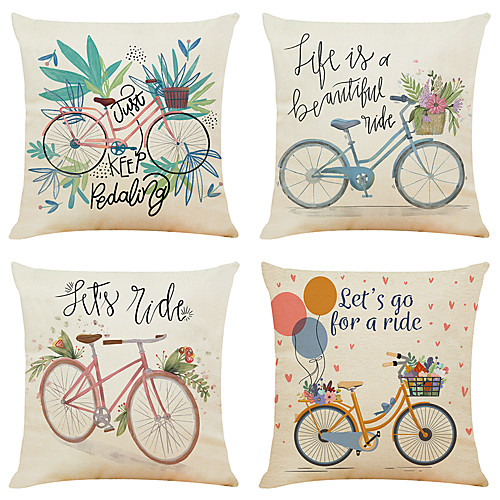 

Set of 4 Creative Bike Faux Linen Square Decorative Throw Pillow Cases Sofa Cushion Covers 18x18