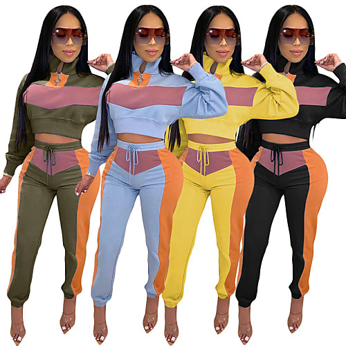 

Women's 2 Piece Cropped Tracksuit Sweatsuit Street Athleisure 2pcs Winter Long Sleeve High Neck Breathable Soft Fitness Gym Workout Running Jogging Training Sportswear Skinny Black Yellow Blue Green