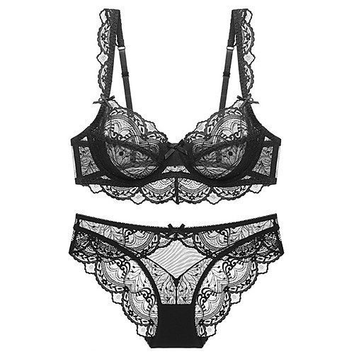 

Women's Bra & Panty Set Underwire Bra 3/4 Cup Embroidery Bowknot Black