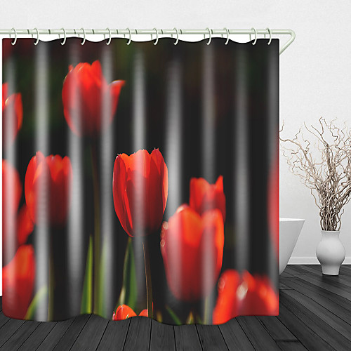 

Red Tulip Digital Printing Shower Curtain Shower Curtains Hooks Modern Polyester New Design