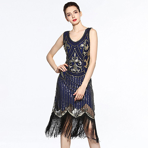 

Sheath / Column Elegant Vintage Party Wear Cocktail Party Dress V Neck Sleeveless Tea Length Spandex Tulle with Sequin 2021