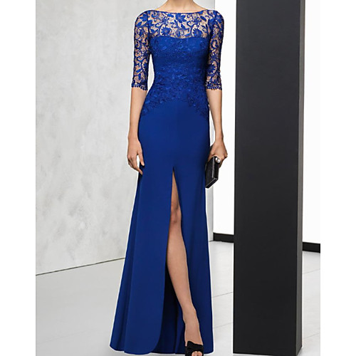 

Sheath / Column Beautiful Back Sexy Wedding Guest Formal Evening Dress Illusion Neck Half Sleeve Floor Length Satin with Split Lace Insert Appliques 2021