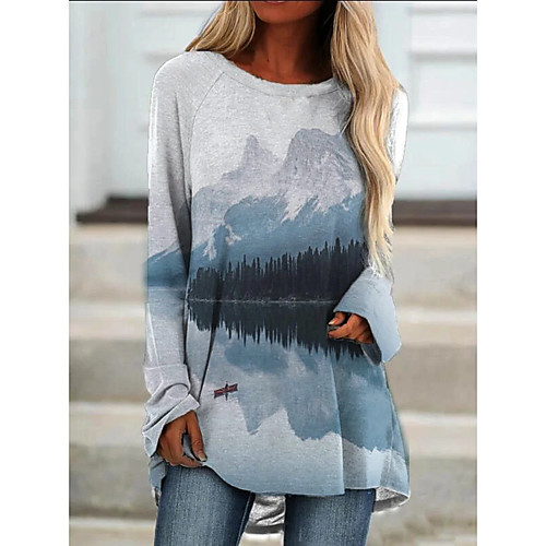 

Women's Plus Size T shirt Dress Tunic Blouse Color Gradient Tie Dye Long Sleeve Round Neck Basic Tops White Blue Blushing Pink