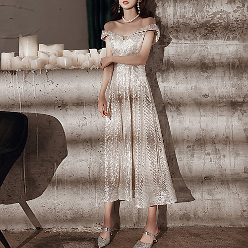 

A-Line Sparkle Sexy Homecoming Cocktail Party Dress Off Shoulder Short Sleeve Tea Length Sequined with Sequin 2021