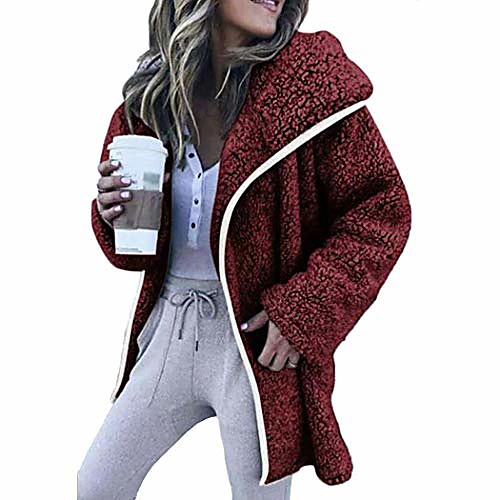 

women long sleeve plush jacket warm wool hooded coat down wine red