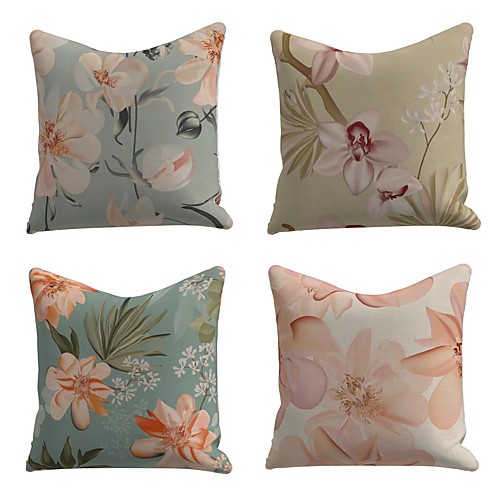 

Set of 4 Faux Linen Cotton / Faux Linen Pillow Cover Pillowcase Sofa Cushion Square Throw Pillow Flowers Pillows Case 4545cm