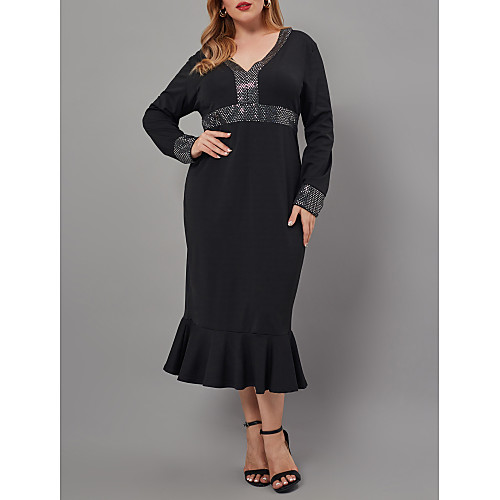 

Women's Sheath Dress Midi Dress Black Long Sleeve Solid Color Sequins Ruffle Fall Spring V Neck Casual Going out Slim 2021 S M L XL XXL