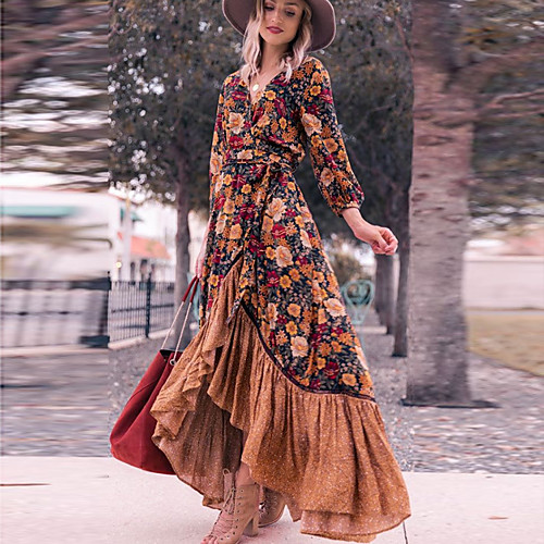

Women's Swing Dress Maxi long Dress Rainbow Long Sleeve Floral Split Ruffle Print Fall Spring V Neck Elegant Slim 2021 S M L XL