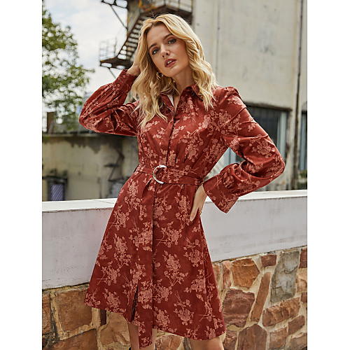 

Women's Shirt Dress Knee Length Dress Red Long Sleeve Floral Lace up Print Fall Winter Shirt Collar Work Vintage Going out 2021 S M L XL