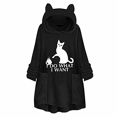 

women's oversized pullover sweaters fleece casual hoodies loose tunics top for teen girls graphic fleece cat pockets black