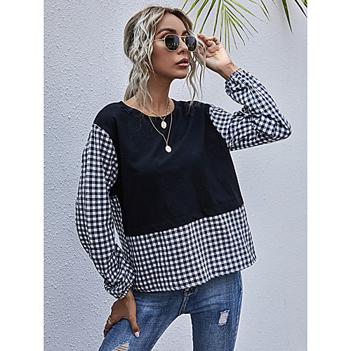 

Women's Blouse Shirt Check Long Sleeve Patchwork Print Round Neck Tops Black