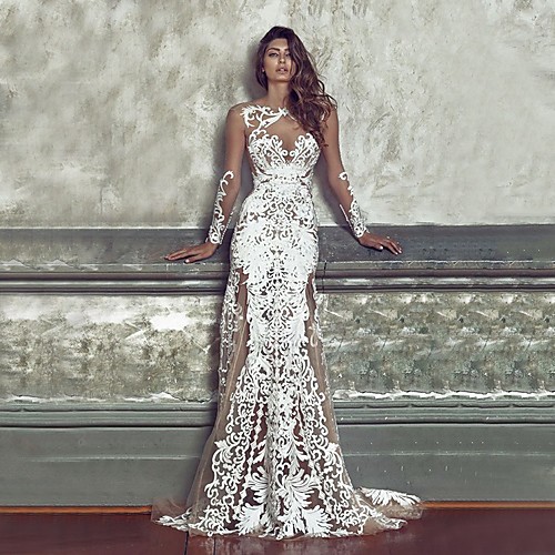 

Women's Trumpet / Mermaid Dress Maxi long Dress White Long Sleeve Solid Color Lace Patchwork Fall Round Neck Elegant Sexy Party Slim 2021 S M L XL / Mini