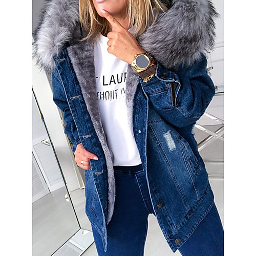 

Women's Parka Daily Fall Winter Regular Coat Hooded Loose Streetwear Jacket Long Sleeve Solid Colored Pocket Blue Grey / Lined