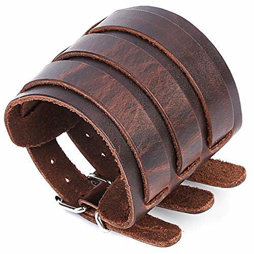 

men's leather broadband cuff bracelet guard wristband alloy fastening armor cuffs (brown-2.7 inches wide)
