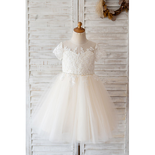 

Ball Gown Knee Length Flower Girl Dresses Wedding Lace Short Sleeve Jewel Neck with Belt
