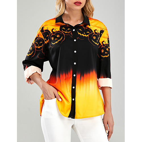 

Women's Halloween Blouse Shirt Pumpkin Long Sleeve Print Shirt Collar Halloween Tops Yellow