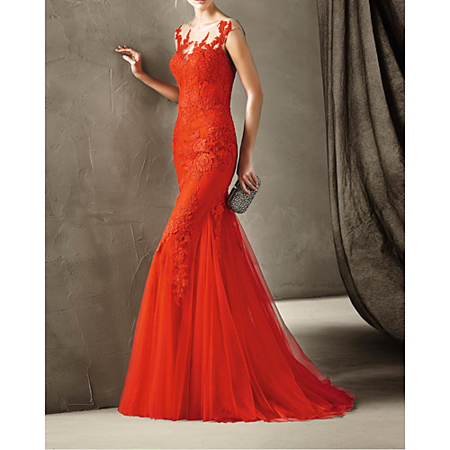 

Mermaid / Trumpet Beautiful Back Sexy Engagement Formal Evening Dress Illusion Neck Sleeveless Court Train Lace Tulle with Appliques 2021