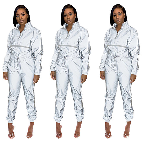 

Women's Full Zip Jumpsuit Street Casual Long Sleeve Elastane Reflective Windproof Breathable Fitness Running Jogging Sportswear Solid Colored Gray Activewear Micro-elastic / Athleisure