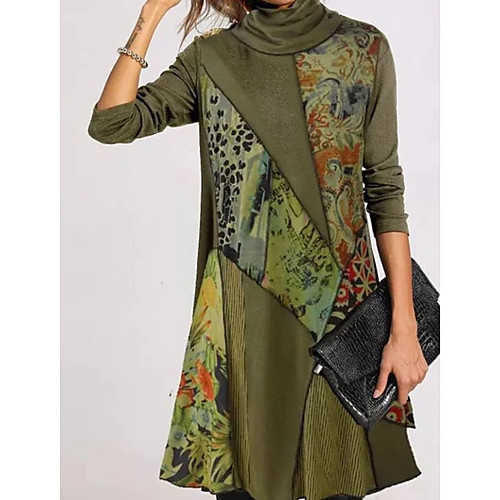 

Women's Shift Dress Knee Length Dress Green Long Sleeve Print Patchwork Print Fall Turtleneck Casual Slim 2021 S M L XL XXL 3XL