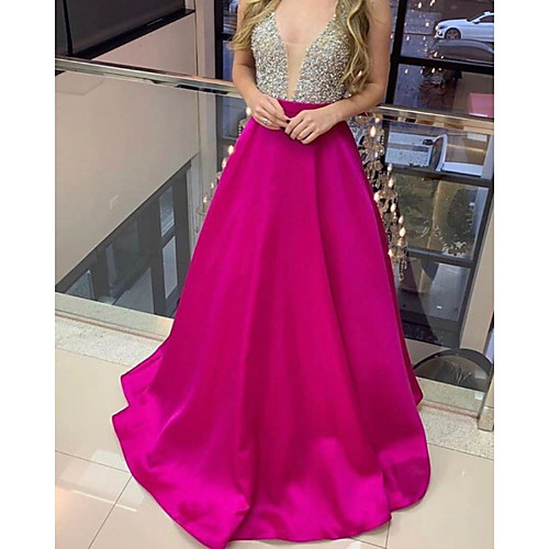 

A-Line Glittering Sexy Wedding Guest Formal Evening Dress Illusion Neck Sleeveless Sweep / Brush Train Satin with Sequin 2021