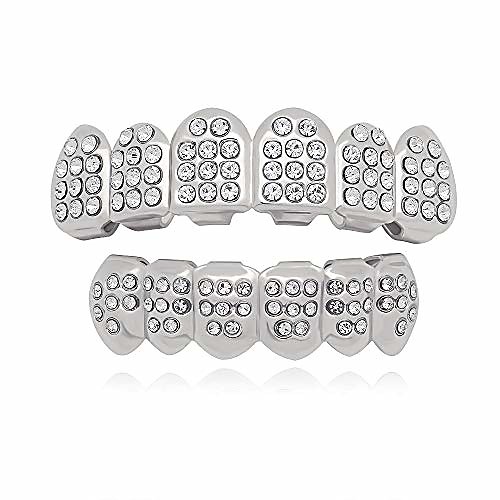 

silver 6 teeth grillz hip hop joker diamond top & bottom teeth caps grillz set