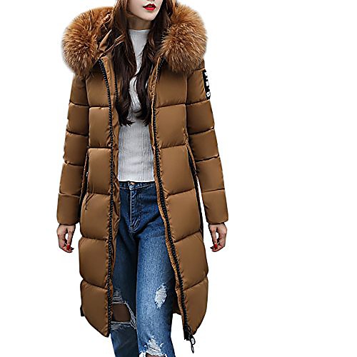 

Women's Down Daily Fall Winter Long Coat Slim Casual Jacket Long Sleeve Solid Color Zipper ArmyGreen caramel / Lined