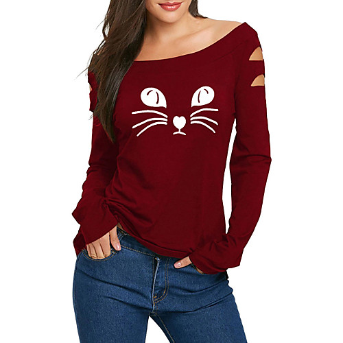 

Women's T-shirt Cat Long Sleeve Cut Out Off Shoulder Tops Cotton Basic Basic Top Black Red