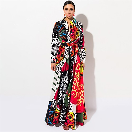 

Women's Swing Dress Maxi long Dress Red Long Sleeve Print Patchwork Print Summer Square Neck Elegant Sexy Going out Slim 2021 S M L XL
