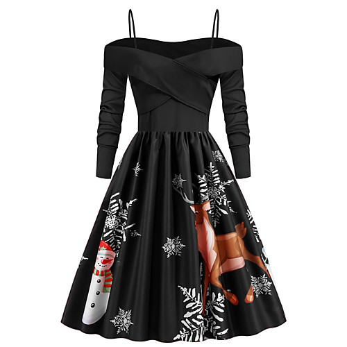 

Women's Swing Dress Midi Dress Wine Black Long Sleeve Print Patchwork Print Fall Off Shoulder Elegant Christmas 2021 S M L XL XXL