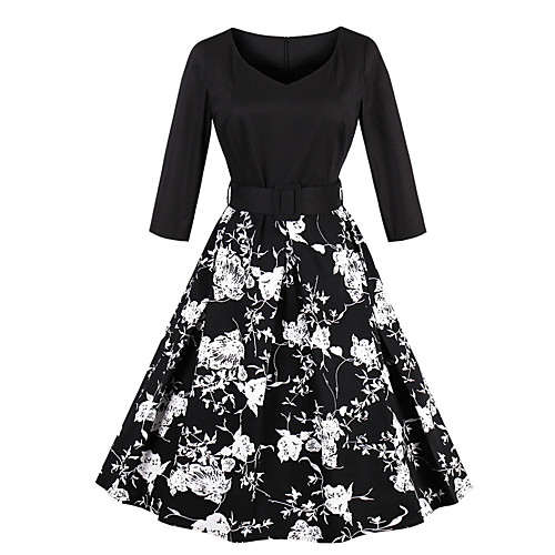 

Women's A Line Dress Midi Dress Black Long Sleeve Floral Print Summer Round Neck Elegant Party 2021 S M L XL XXL 3XL 4XL