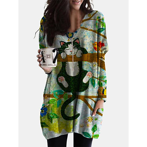 

Women's Shift Dress Short Mini Dress Long Sleeve Print Cat Animal Patchwork Print Fall Spring Casual Boho Cotton 2021 Green L XL XXL 3XL 4XL 5XL