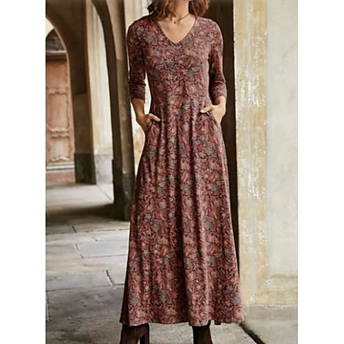 

Women's A Line Dress Maxi long Dress Blue Yellow Green Red Long Sleeve Print Patchwork Print Fall V Neck Casual Slim 2021 S M L XL XXL 3XL