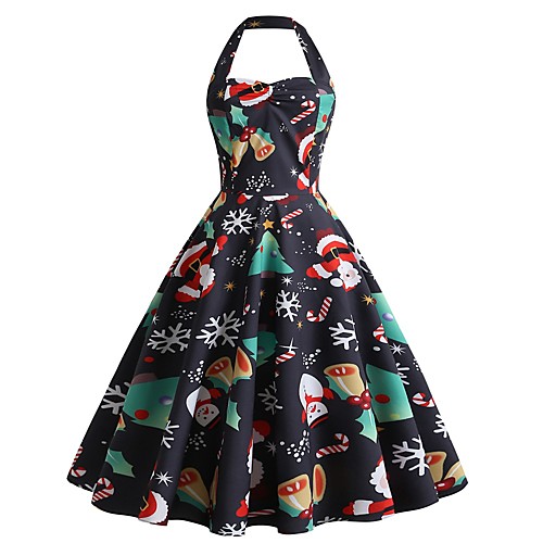 

Women's Swing Dress Midi Dress Yellow Wine Green White Black Red Sleeveless Print Backless Print Fall Halter Neck Elegant Vintage Christmas 2021 S M L XL XXL